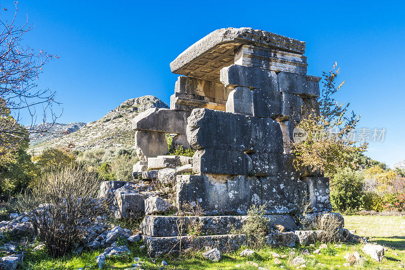 来自Dodurga村的Sidyma古城。Fethiye, Mugla，土耳其。